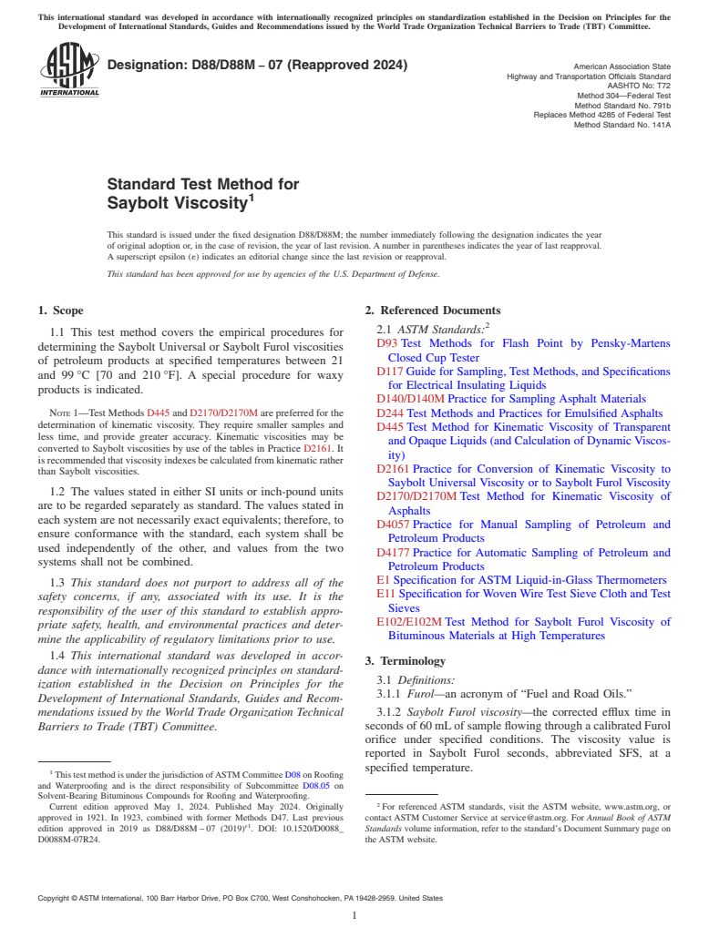 ASTM D88/D88M-07(2024) - Standard Test Method for  Saybolt Viscosity