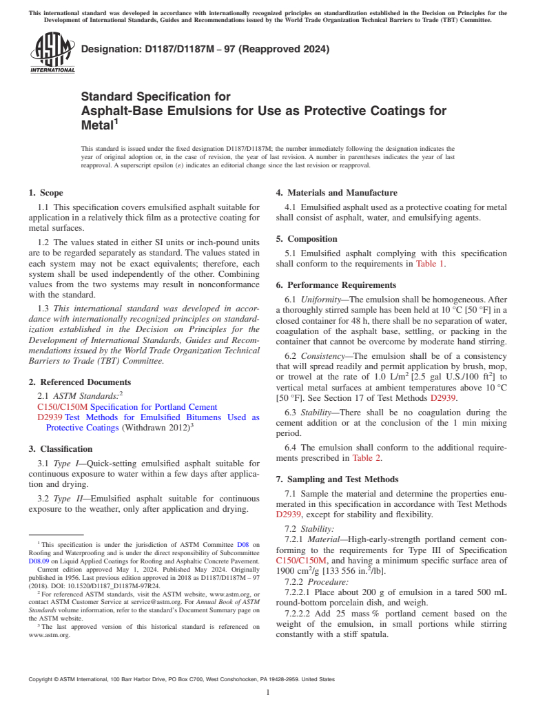 ASTM D1187/D1187M-97(2024) - Standard Specification for  Asphalt-Base Emulsions for Use as Protective Coatings for Metal