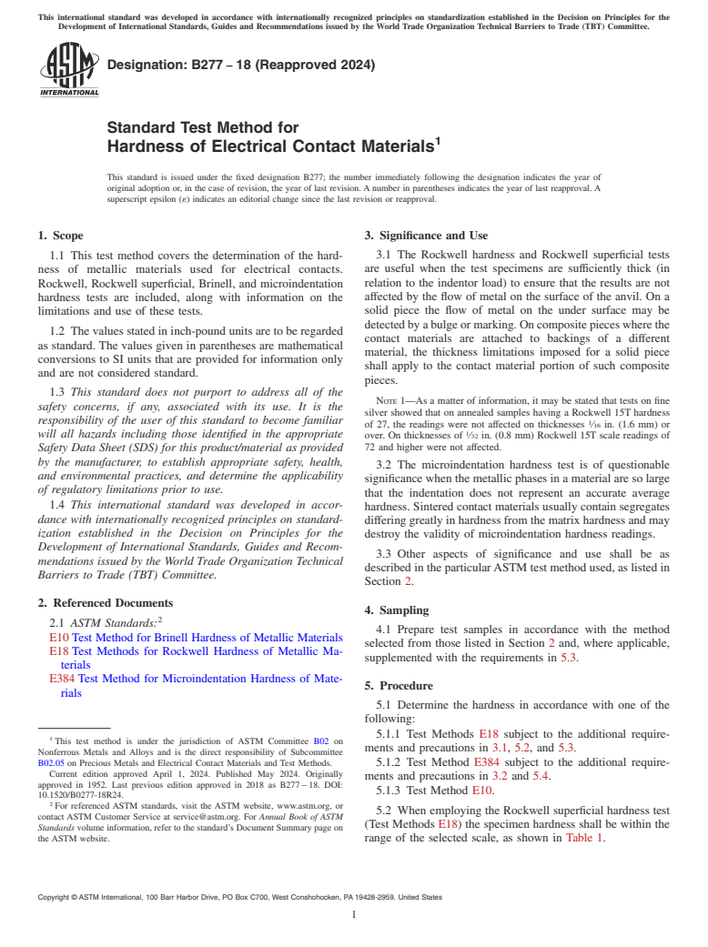 ASTM B277-18(2024) - Standard Test Method for Hardness of Electrical Contact Materials