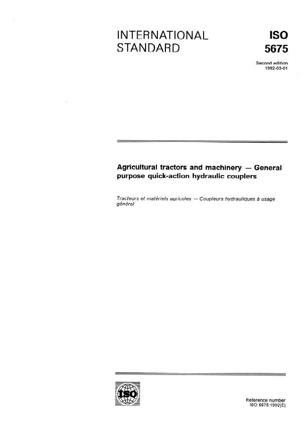 ISO 5675:1992 - Agricultural tractors and machinery -- General purpose quick-action hydraulic couplers