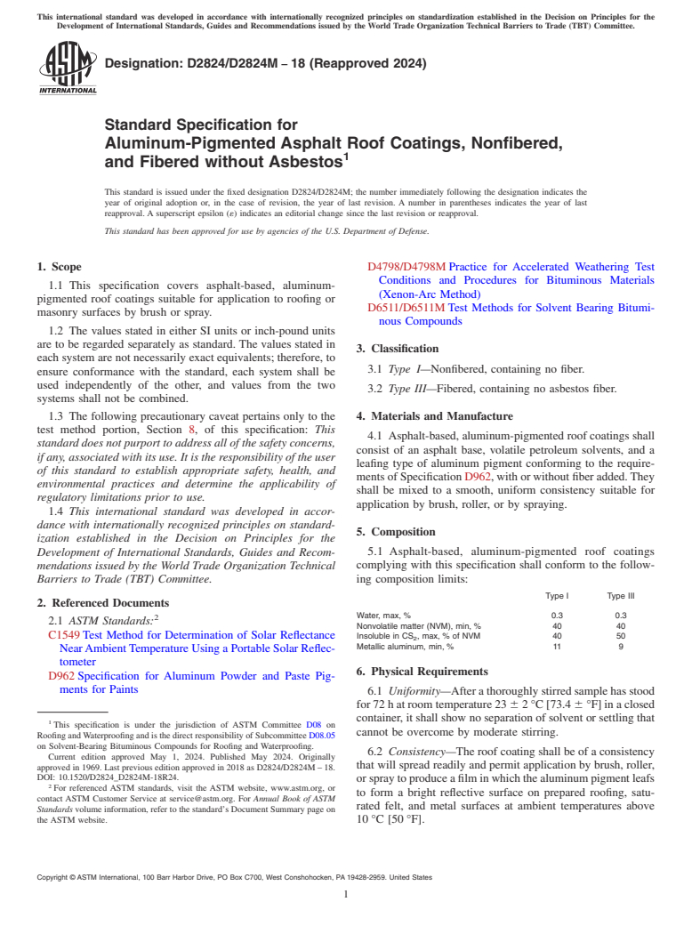 ASTM D2824/D2824M-18(2024) - Standard Specification for  Aluminum-Pigmented Asphalt Roof Coatings, Nonfibered, and Fibered  without Asbestos