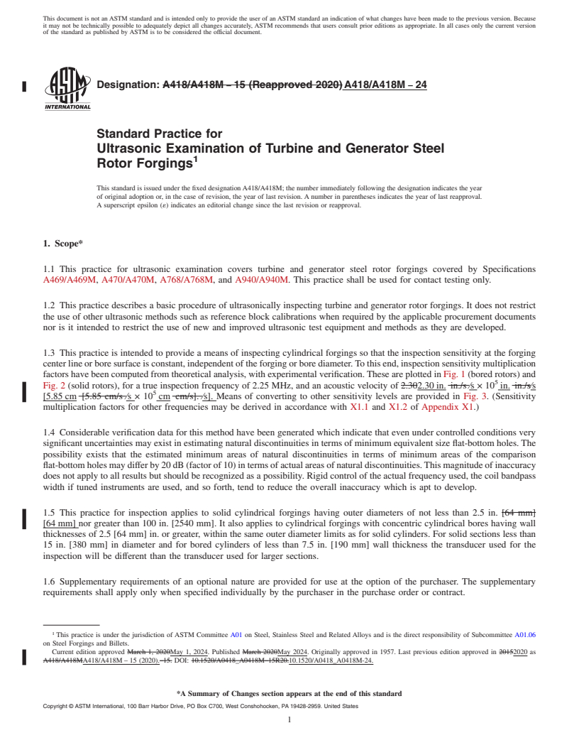 REDLINE ASTM A418/A418M-24 - Standard Practice for Ultrasonic Examination of Turbine and Generator Steel Rotor  Forgings