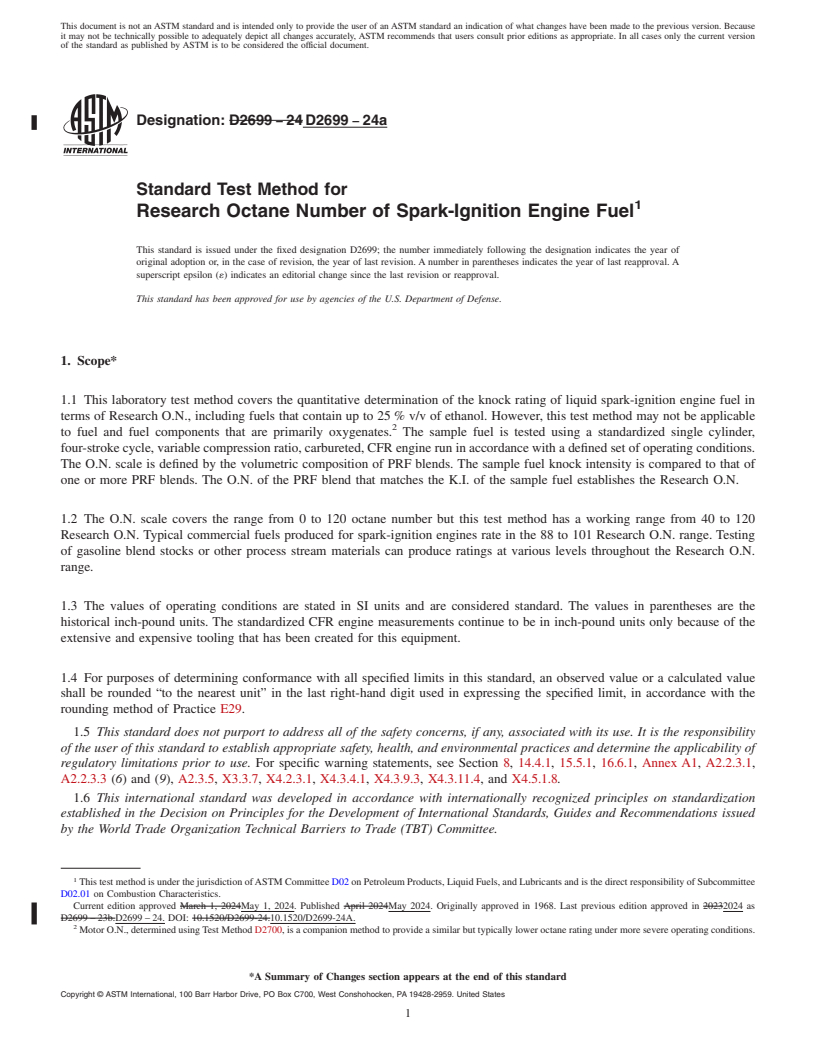 REDLINE ASTM D2699-24a - Standard Test Method for Research Octane Number of Spark-Ignition Engine Fuel