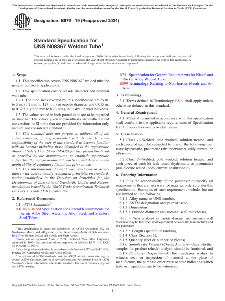 ASTM B676-19(2024) - Standard Specification for UNS N08367 Welded Tube