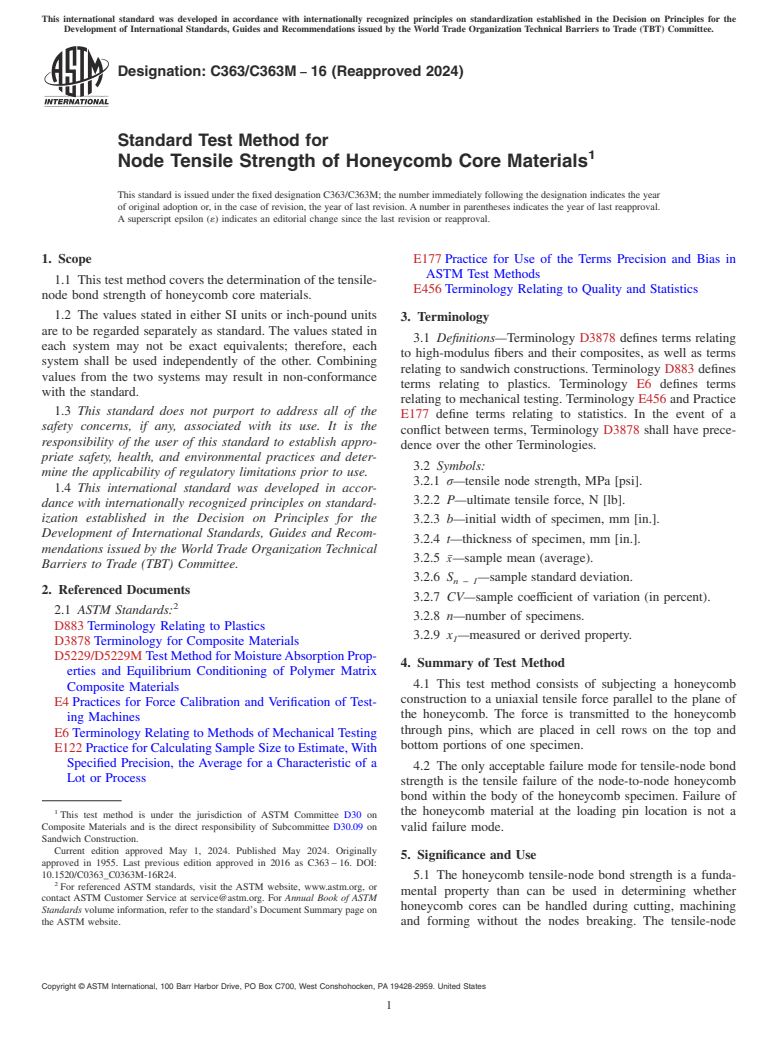 ASTM C363/C363M-16(2024) - Standard Test Method for  Node Tensile Strength of Honeycomb Core Materials