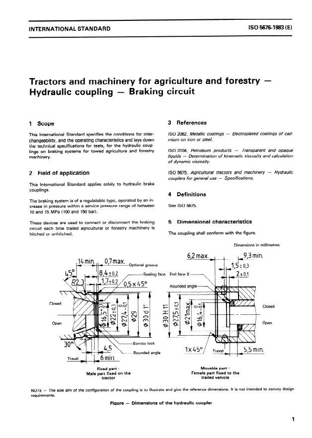 ISO 5676:1983 - Tractors and machinery for agriculture and forestry -- Hydraulic coupling -- Braking circuit