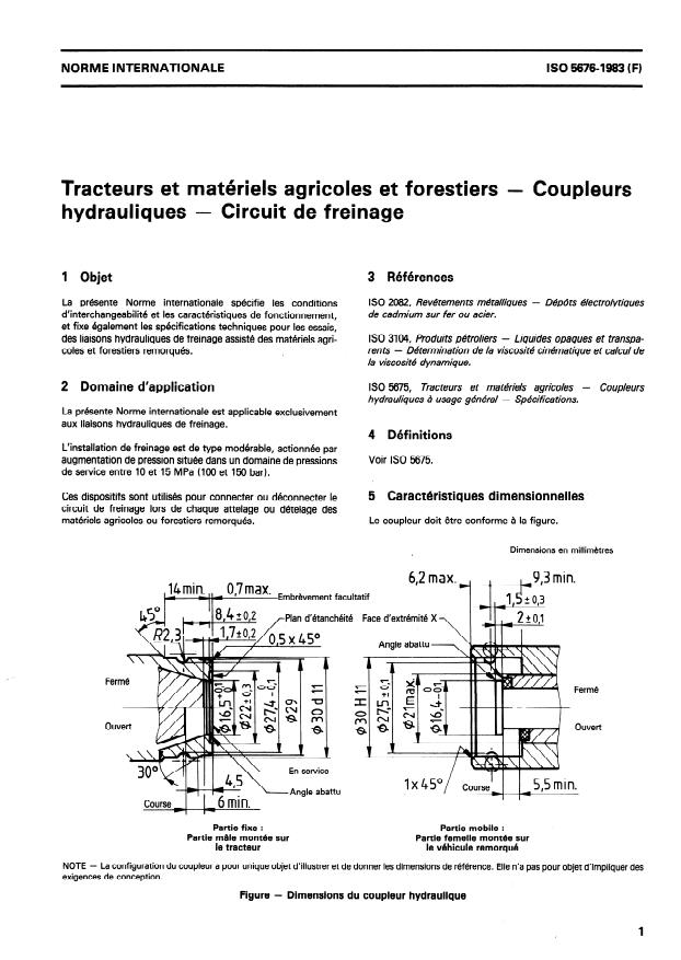 ISO 5676:1983 - Tracteurs et matériels agricoles et forestiers -- Coupleurs hydrauliques -- Circuit de freinage