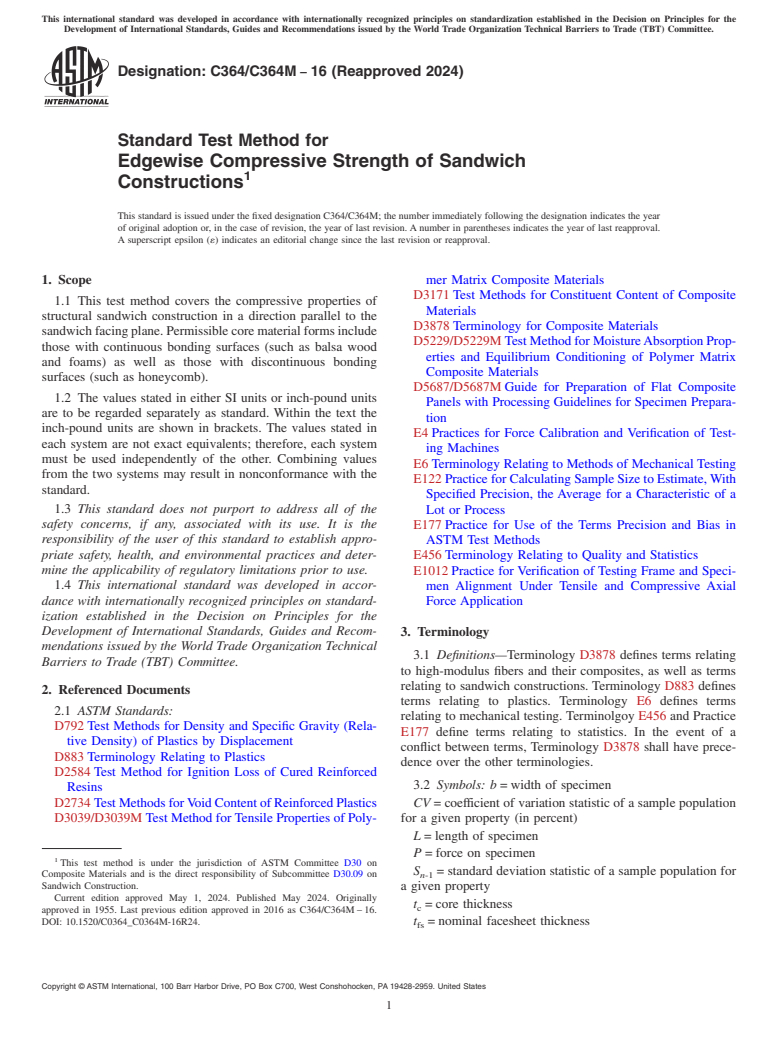 ASTM C364/C364M-16(2024) - Standard Test Method for  Edgewise Compressive Strength of Sandwich Constructions