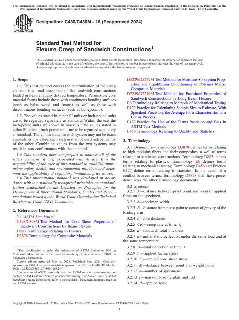 ASTM C480/C480M-16(2024) - Standard Test Method for  Flexure Creep of Sandwich Constructions