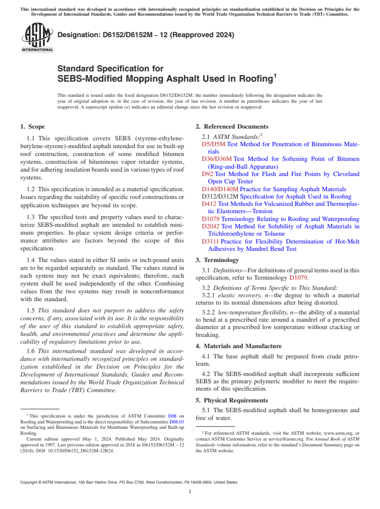 ASTM D6152/D6152M-12(2024) - Standard Specification for  SEBS-Modified Mopping Asphalt Used in Roofing