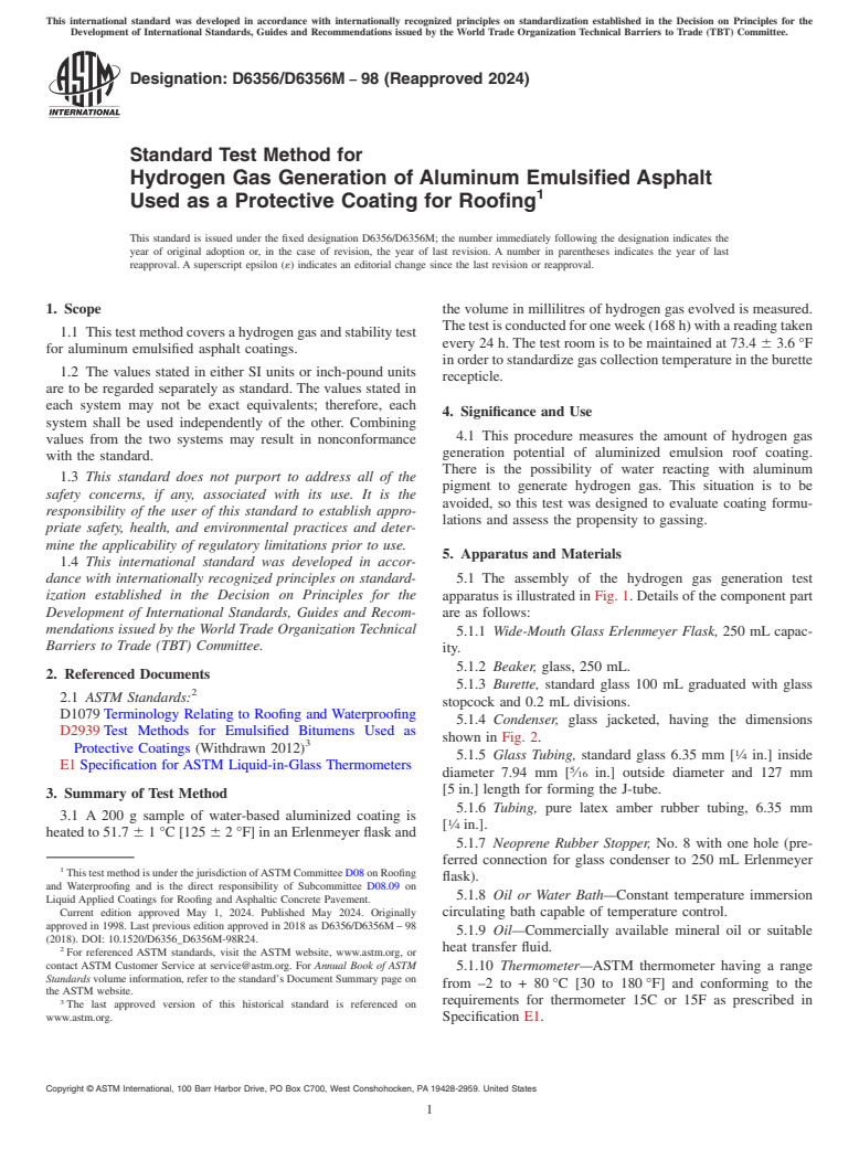 ASTM D6356/D6356M-98(2024) - Standard Test Method for  Hydrogen Gas Generation of Aluminum Emulsified Asphalt Used   as a Protective Coating for Roofing