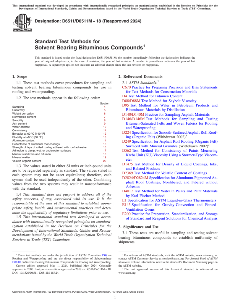 ASTM D6511/D6511M-18(2024) - Standard Test Methods for  Solvent Bearing Bituminous Compounds