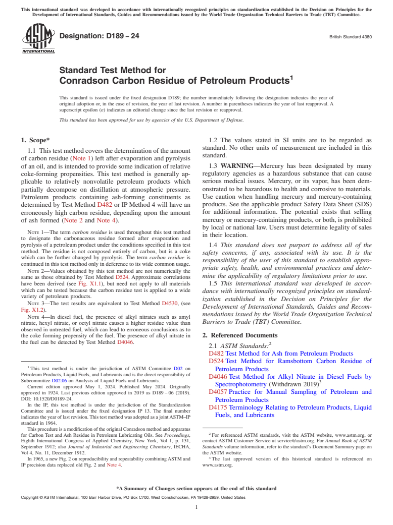 ASTM D189-24 - Standard Test Method for  Conradson Carbon Residue of Petroleum Products