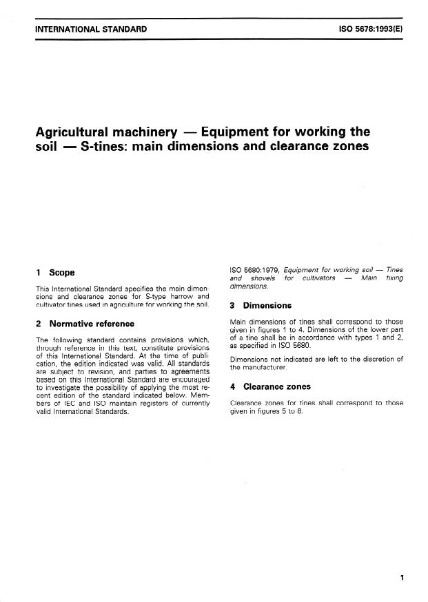 ISO 5678:1993 - Agricultural machinery -- Equipment for working the soil -- S-tines: main dimensions and clearance zones