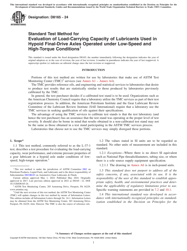 ASTM D8165-24 - Standard Test Method for Evaluation of Load-Carrying Capacity of Lubricants Used in  Hypoid Final-Drive Axles Operated under Low-Speed and High-Torque  Conditions