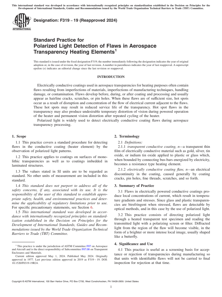 ASTM F319-19(2024) - Standard Practice for  Polarized Light Detection of Flaws in Aerospace Transparency  Heating Elements