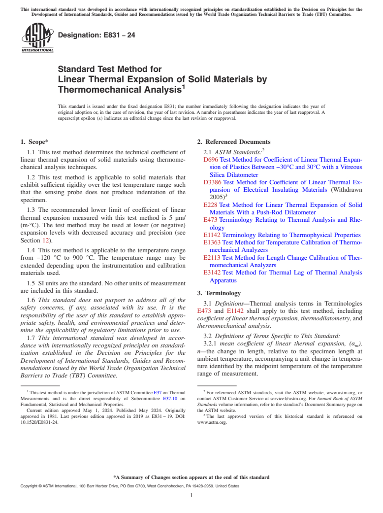 ASTM E831-24 - Standard Test Method for  Linear Thermal Expansion of Solid Materials by Thermomechanical  Analysis