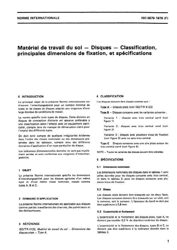 ISO 5679:1979 - Matériel de travail du sol -- Disques -- Classification, principales dimensions de fixation et spécifications