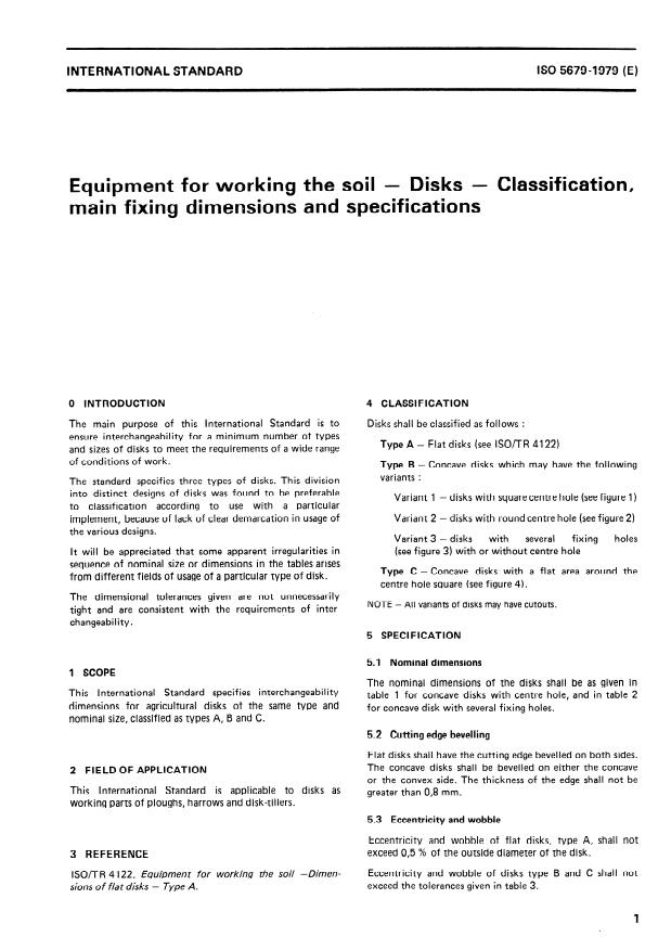 ISO 5679:1979 - Equipment for working the soil -- Disks -- Classification, main fixing dimensions and specifications