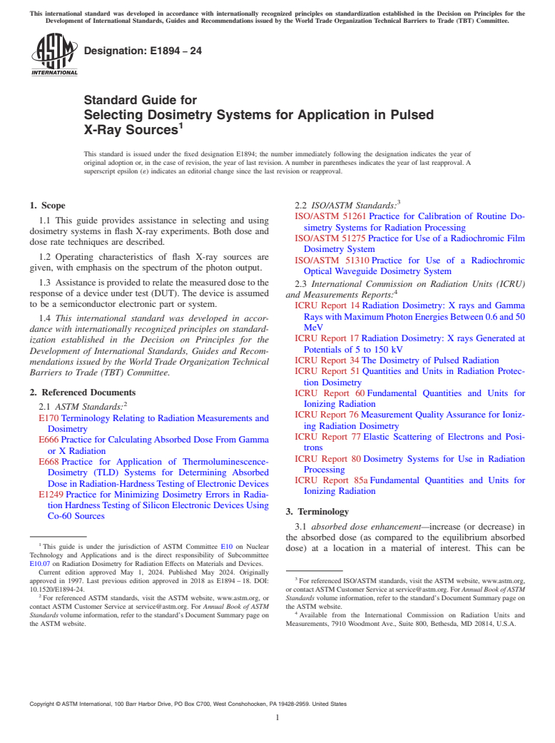 ASTM E1894-24 - Standard Guide for  Selecting Dosimetry Systems for Application in Pulsed X-Ray  Sources