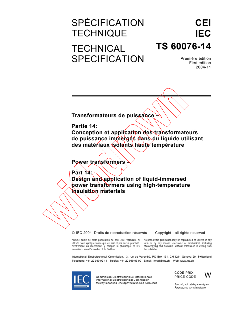 IEC TS 60076-14:2004 - Power transformers - Part 14: Design and application of liquid-immersed power transformers using high-temperature insulation materials
Released:11/2/2004
Isbn:2831877156