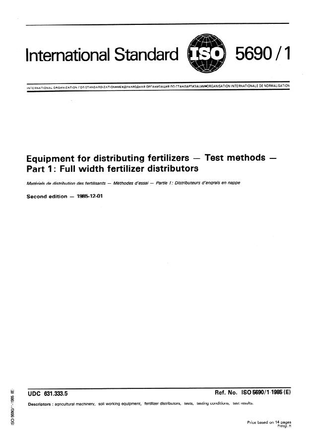 ISO 5690-1:1985 - Equipment for distributing fertilizers -- Test methods