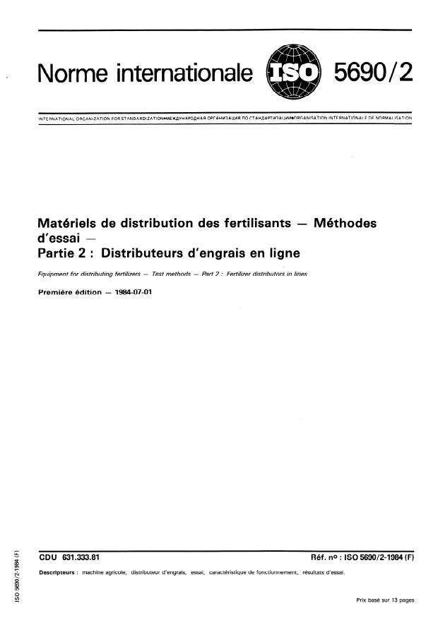 ISO 5690-2:1984 - Matériels de distribution des fertilisants -- Méthodes d'essai