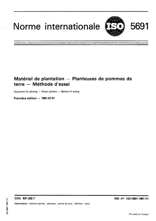 ISO 5691:1981 - Matériel de plantation -- Planteuses de pommes de terre -- Méthode d'essai