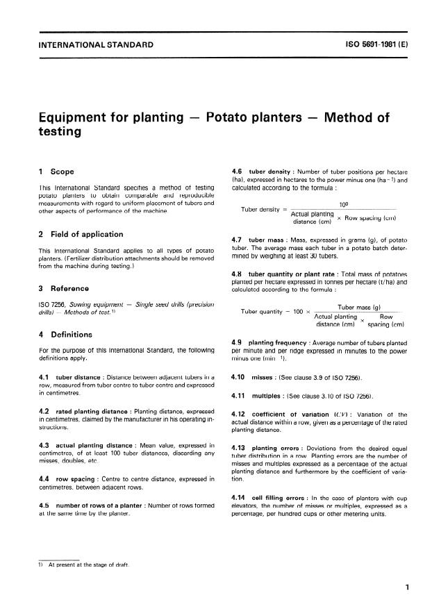 ISO 5691:1981 - Equipment for planting -- Potato planters -- Method of testing