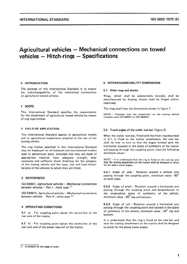 ISO 5692:1979 - Agricultural vehicles -- Mechanical connections on towed vehicles -- Hitch-rings -- Specifications