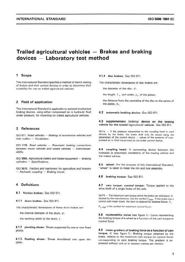 ISO 5696:1984 - Trailed agricultural vehicles -- Brakes and braking devices -- Laboratory test method
