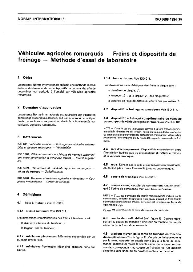 ISO 5696:1984 - Véhicules agricoles remorqués -- Freins et dispositifs de freinage -- Méthode d'essai de laboratoire