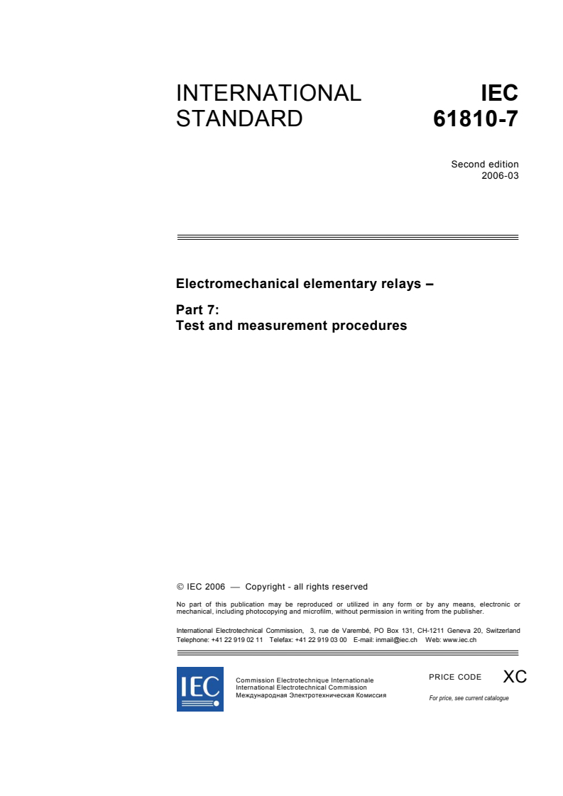 IEC 61810-7:2006 - Electromechanical elementary relays - Part 7: Test and measurement procedures
Released:3/14/2006
Isbn:2831885264