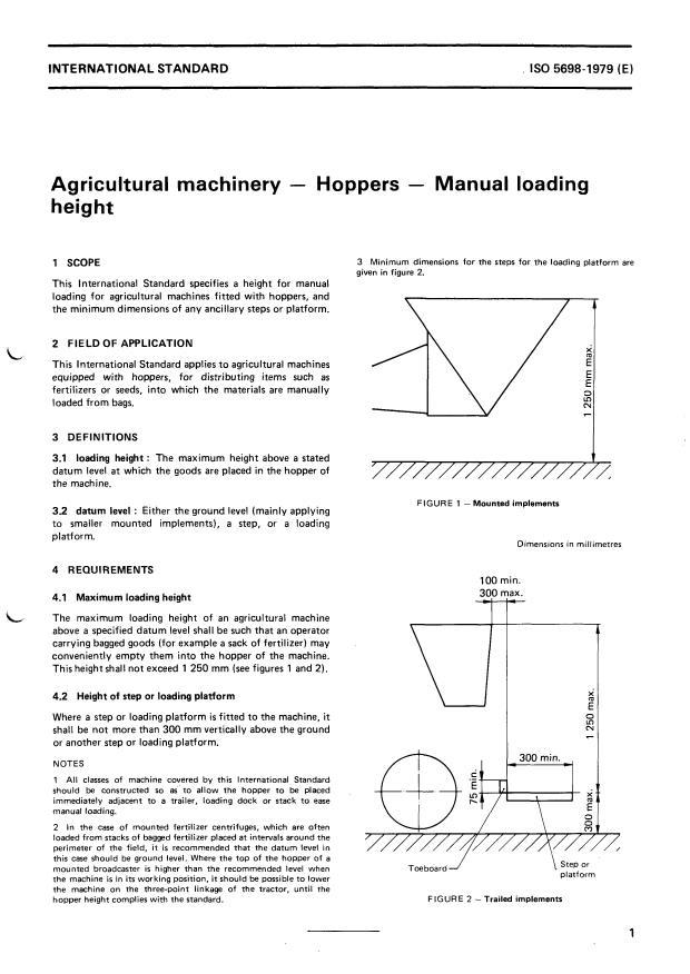 ISO 5698:1979 - Agricultural machinery -- Hoppers -- Manual loading height