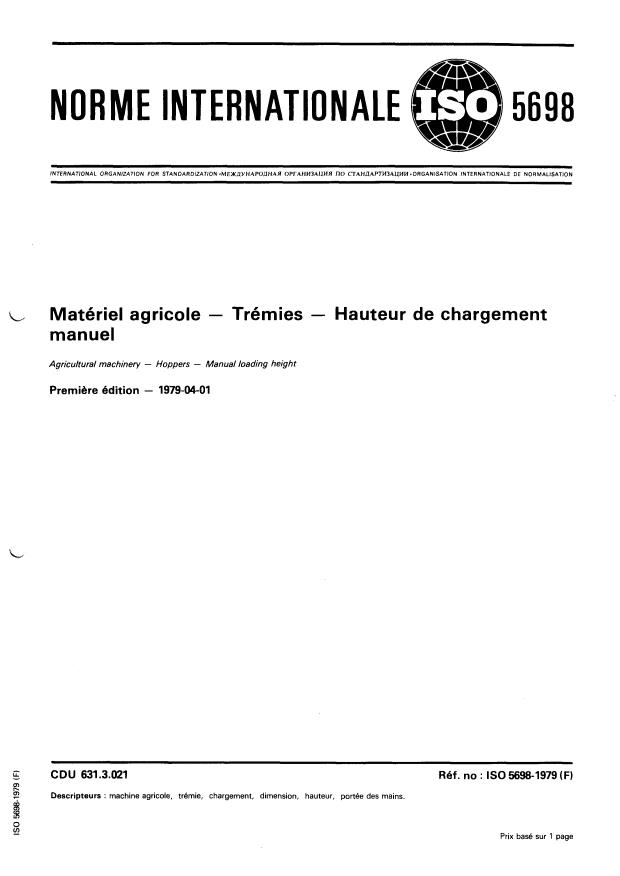 ISO 5698:1979 - Matériel agricole -- Trémies -- Hauteur de chargement manuel