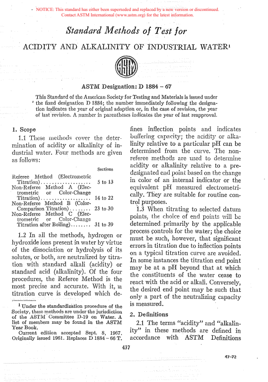 ASTM D1884-67 - Methods of Test for Acidity and Alkalinity of Industrial Water (Withdrawn 1967)