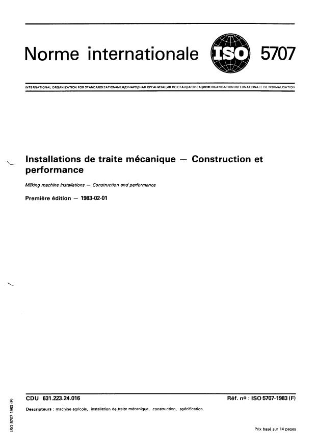 ISO 5707:1983 - Installations de traite mécanique -- Construction et performance