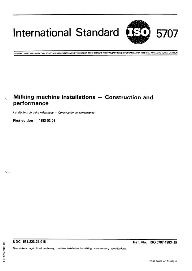 ISO 5707:1983 - Milking machine installations -- Construction and performance