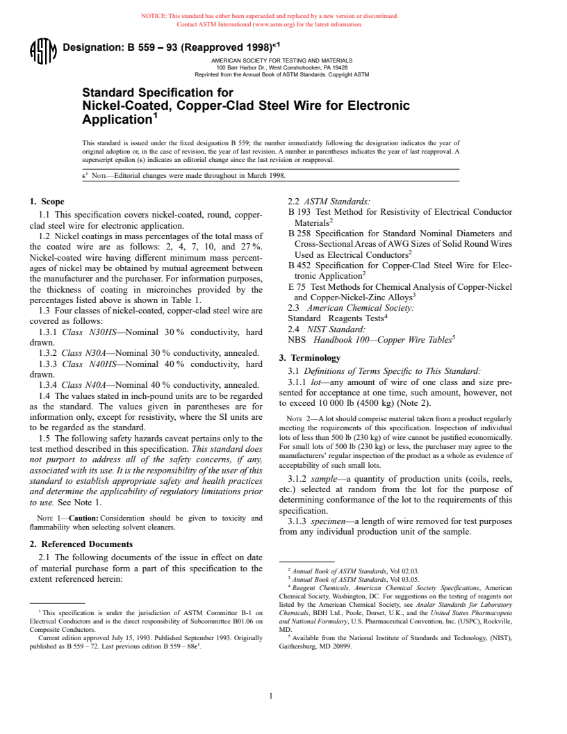 ASTM B559-93(1998)e1 - Standard Specification for Nickel-Coated, Copper-Clad Steel Wire for Electronic Application