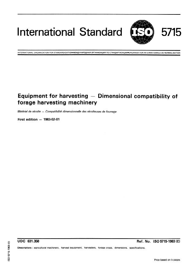 ISO 5715:1983 - Equipment for harvesting -- Dimensional compatibility of forage harvesting machinery