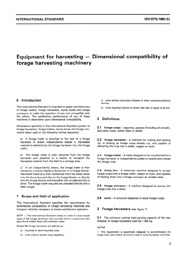 ISO 5715:1983 - Equipment for harvesting -- Dimensional compatibility of forage harvesting machinery