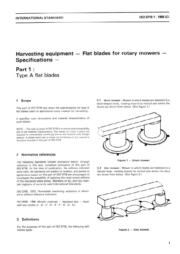 ISO 5718-1:1989 - Harvesting equipment -- Flat blades for rotary mowers -- Specifications