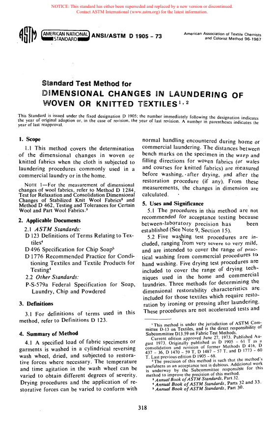 ASTM D1905-73 - Method of Test for Dimensional Changes in Laundering of Woven or Knitted Textiles (Withdrawn 1977)