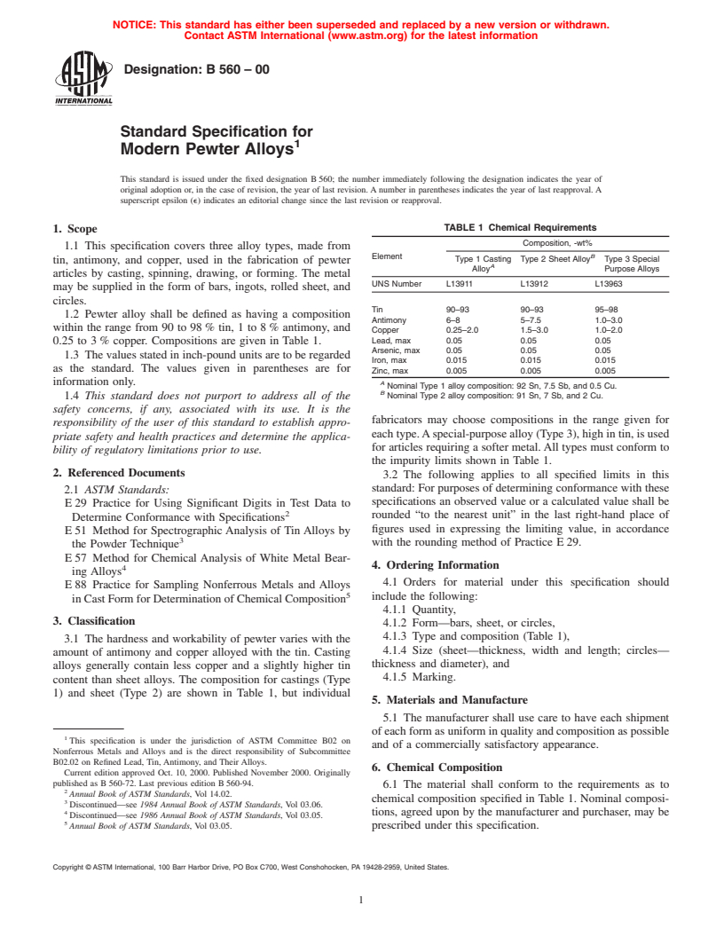 ASTM B560-00 - Standard Specification for Modern Pewter Alloys