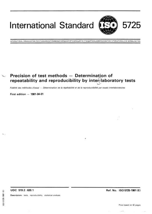 ISO 5725:1981 - Precision of test methods -- Determination of repeatability and reproducibility by inter-laboratory tests