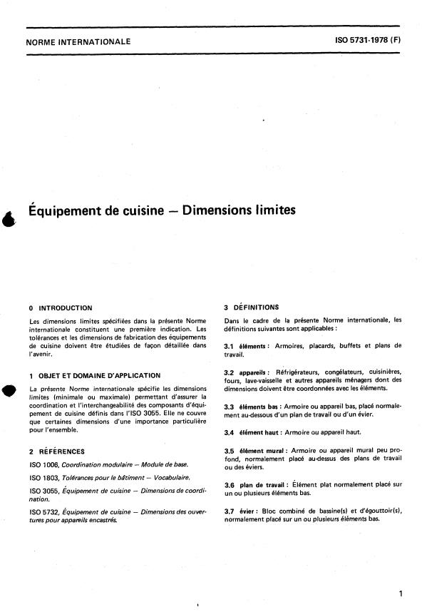 ISO 5731:1978 - Équipement de cuisine -- Dimensions limites