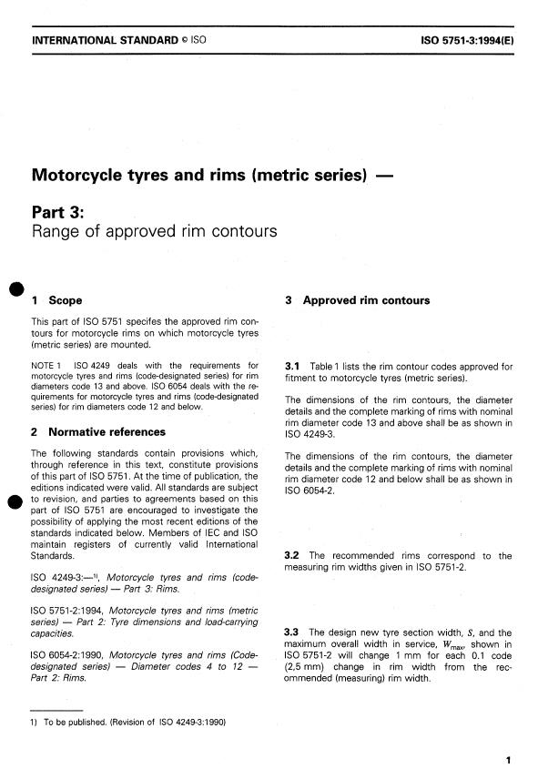 ISO 5751-3:1994 - Motorcycle tyres and rims (metric series)