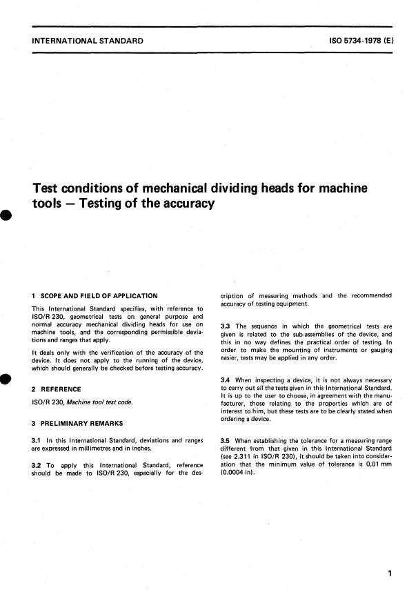 ISO 5734:1978 - Test conditions of mechanical dividing heads for machine tools -- Testing of the accuracy