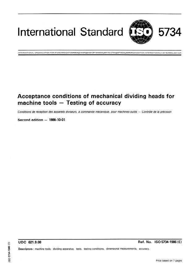 ISO 5734:1986 - Acceptance conditions of mechanical dividing heads for machine tools -- Testing of accuracy