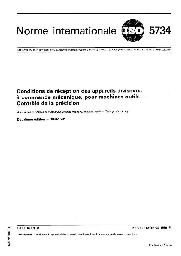 ISO 5734:1986 - Conditions de réception des appareils diviseurs, a commande mécanique, pour machines-outils -- Contrôle de la précision